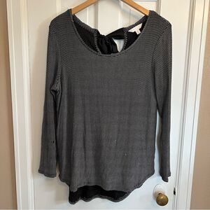 LC Lauren Conrad Womens Black Striped Long Sleeve Tie Bow Keyhole Back Blouse